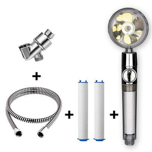 Propeller Driven High Pressure Shower Head – Turbocharged Handheld Nozzle with Stop Button & Cotton Filter