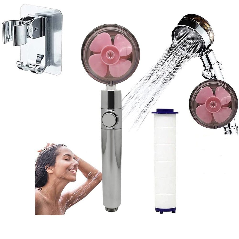 Propeller Driven High Pressure Shower Head – Turbocharged Handheld Nozzle with Stop Button & Cotton Filter