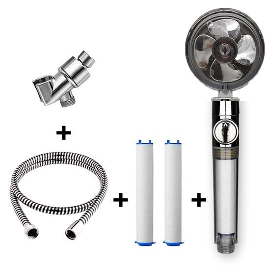 Propeller Driven High Pressure Shower Head – Turbocharged Handheld Nozzle with Stop Button & Cotton Filter