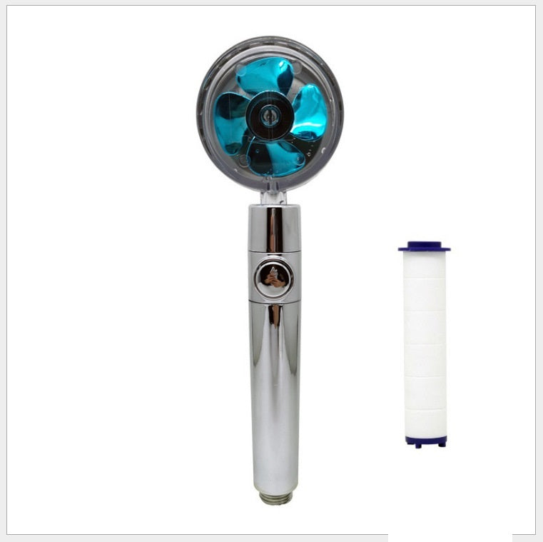 Propeller Driven High Pressure Shower Head – Turbocharged Handheld Nozzle with Stop Button & Cotton Filter